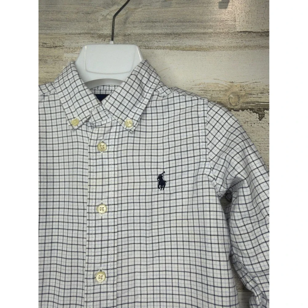 Ralph Lauren Button Up Shirt Boys 18M White Blue Plaid Cotton Preppy EUC